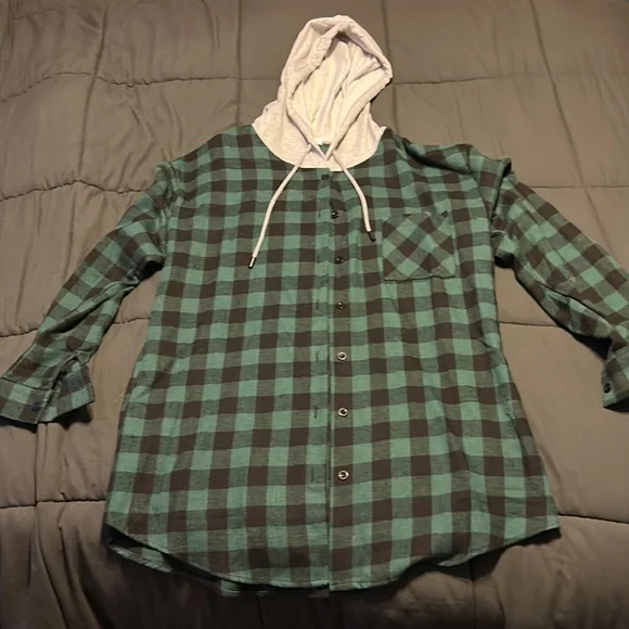 Flannel Button Up Drawstring Hoodie - Picture 3 of 7